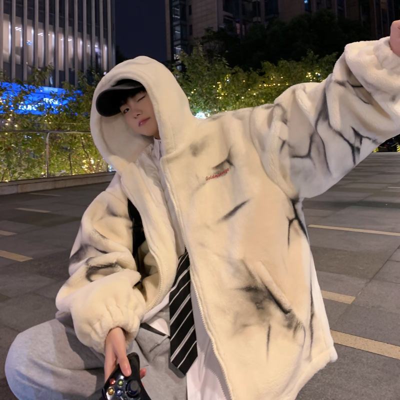Tie-dye loose and trendy lamb wool jacket Hong Kong fashion brand ins high street handsome man