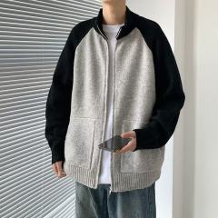 New autumn and winter men's heavyweight contrasting zipper cardigan jacket lazy casual raglan sleeve knitted sweater
