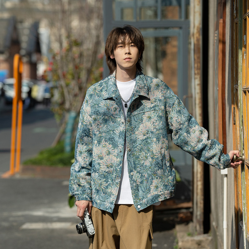 New Hong Kong fashion brand handsome printed patchwork lapel denim jacket