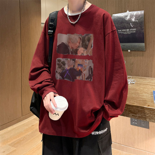 Live broadcast quality Autumn and winter heavyweight trendy brand hip-hop American printed cotton long-sleeved T-shirt bottoming shirt