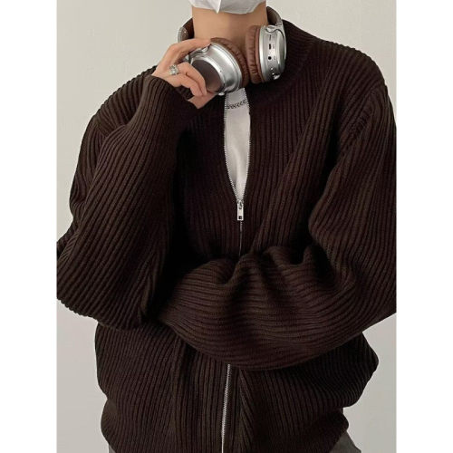 Autumn and winter Korean style lazy style zipper loose sweater cardigan men's retro solid color jacket trend