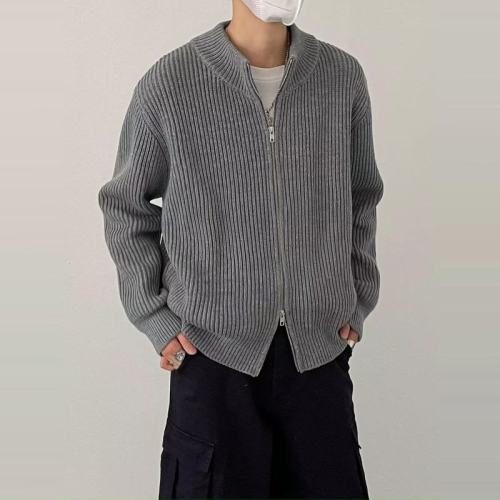 Autumn and winter Korean style lazy style zipper loose sweater cardigan men's retro solid color jacket trend