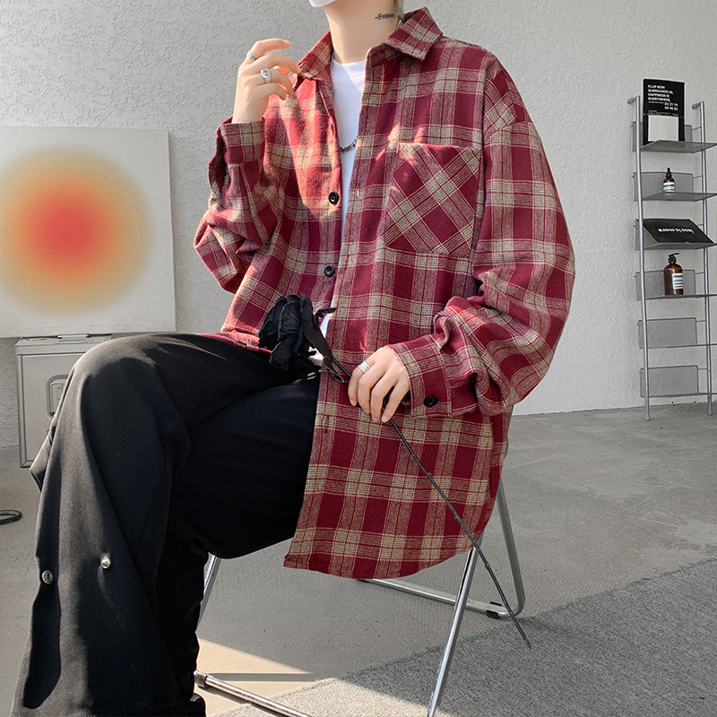 Plaid shirt men's long-sleeved autumn American retro trendy loose shirt jacket