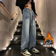 Plush fleece exterior plus size classic straight jeans