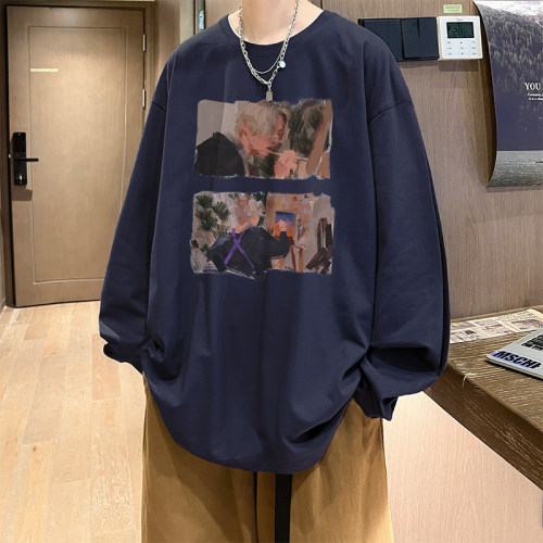 Live broadcast quality Autumn and winter heavyweight trendy brand hip-hop American printed cotton long-sleeved T-shirt bottoming shirt