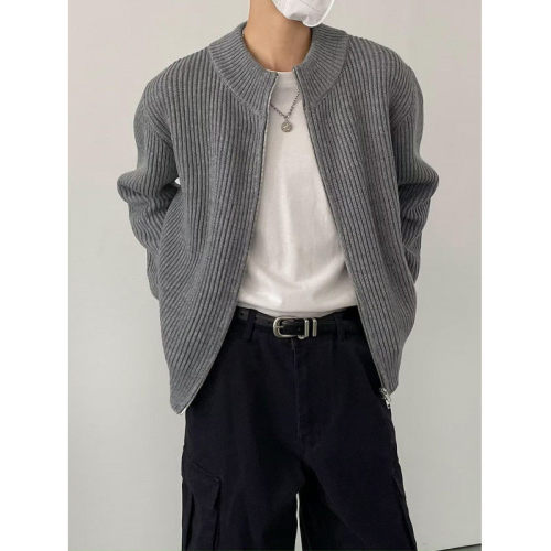 Autumn and winter Korean style lazy style zipper loose sweater cardigan men's retro solid color jacket trend