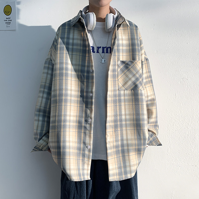 Spring Hong Kong fashion brand oversize loose jacket men's large size contrasting plaid shirt
