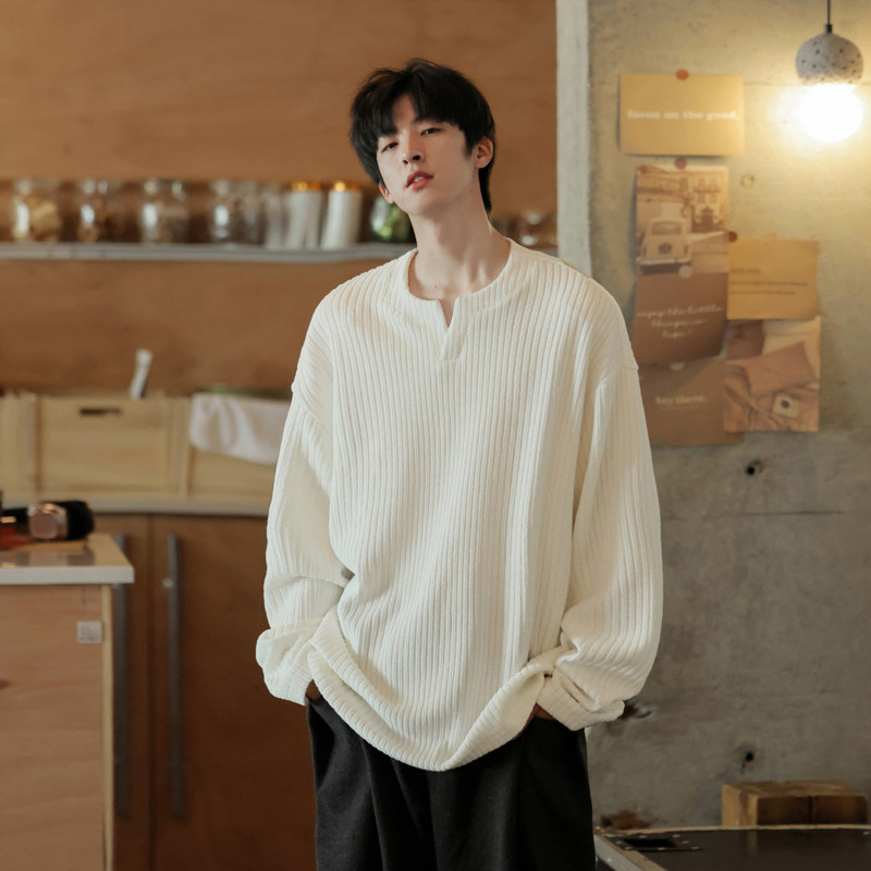 Lazy style textured small v-neck long-sleeved T-shirt jacquard casual sweatshirt loose couple top