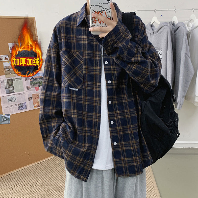 Men's velvet shirt new winter Hong Kong style loose large size plaid thickened shirt