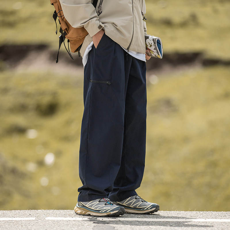 Side zipper pocket cargo casual pants for men, pleated design, three-dimensional long pants, trendy