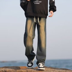 Washed retro distressed washed jeans American elastic waist dad pants street loose straight pants