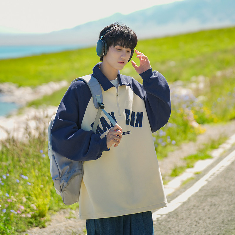 polo shirt sweatshirt men's autumn and winter American loose large size youth half-zip jacket
