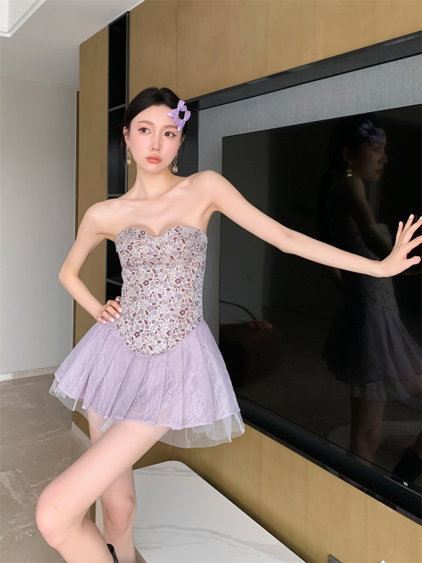 Lilac ballet purple jacquard tube top dress for women spring and summer waist-cinching a-line skirt black leather jacket for women