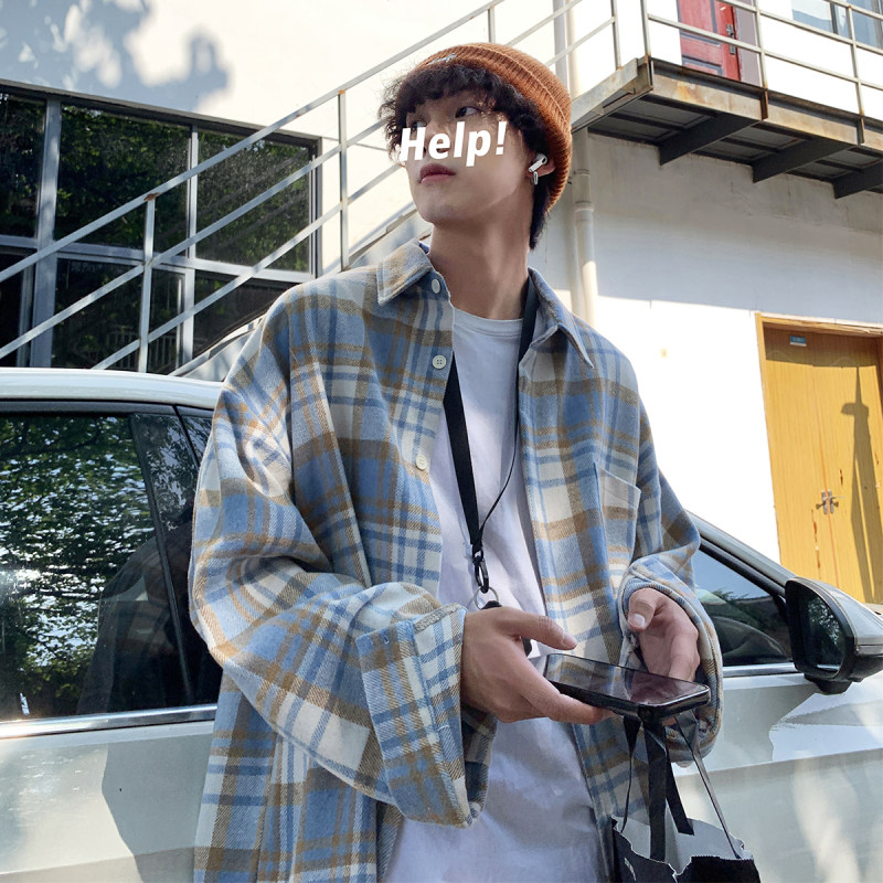 500g thick small fragrant style jacket plaid Hong Kong style shirt men's loose long-sleeved shirt