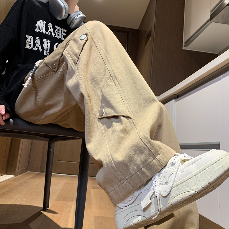 Autumn new trendy brand washed pure cotton American high street straight pants buttoned drag casual men's trousers