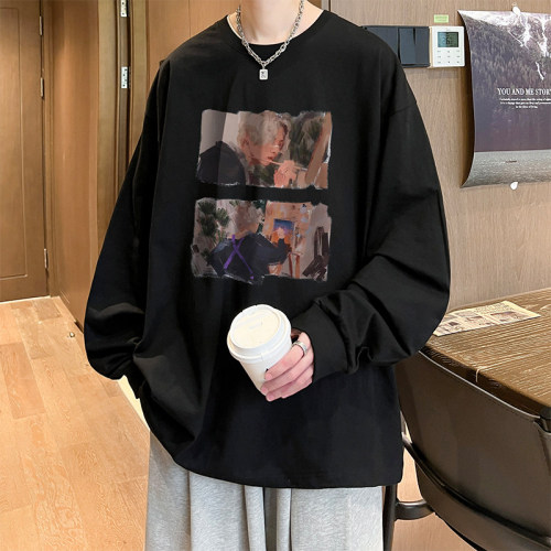 Live broadcast quality Autumn and winter heavyweight trendy brand hip-hop American printed cotton long-sleeved T-shirt bottoming shirt