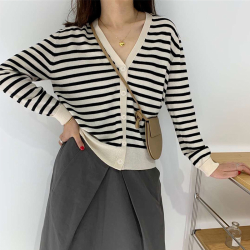 Striped cardigan sweater, long sleeve inner layer, women's top, early autumn outer layer, thin coat