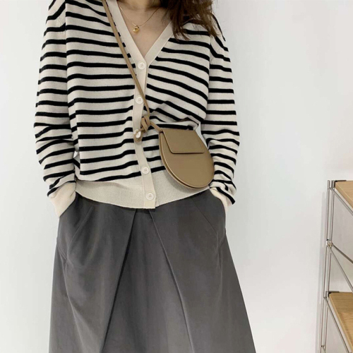 Striped cardigan sweater, long sleeve inner layer, women's top, early autumn outer layer, thin coat