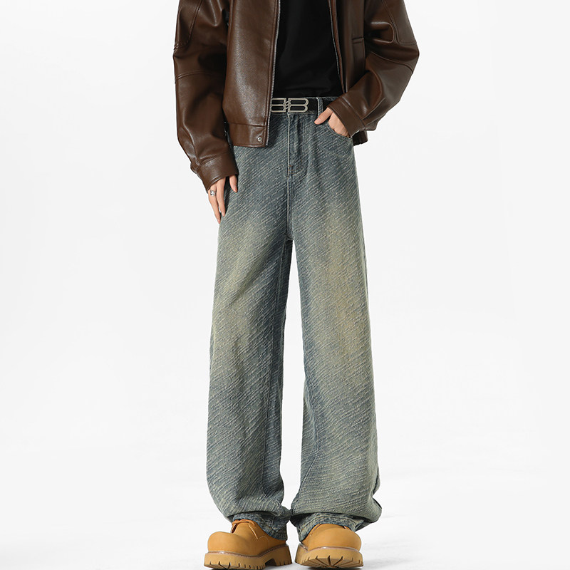 No price difference autumn new textured jacquard washed jeans men's loose large size floor mopping pants