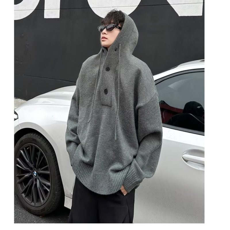 Korean style lazy half cardigan hooded sweater men's autumn and winter loose casual pullover sweater top