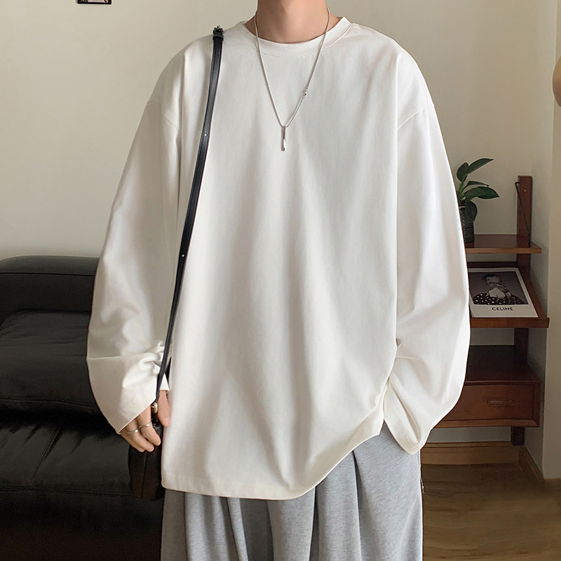 Spring men's pure cotton versatile 200g round neck pullover loose solid color casual bottoming shirt