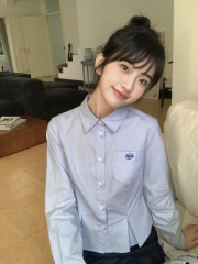 Blue striped temperament long-sleeved shirt slimming spring college age-reducing shirt top
