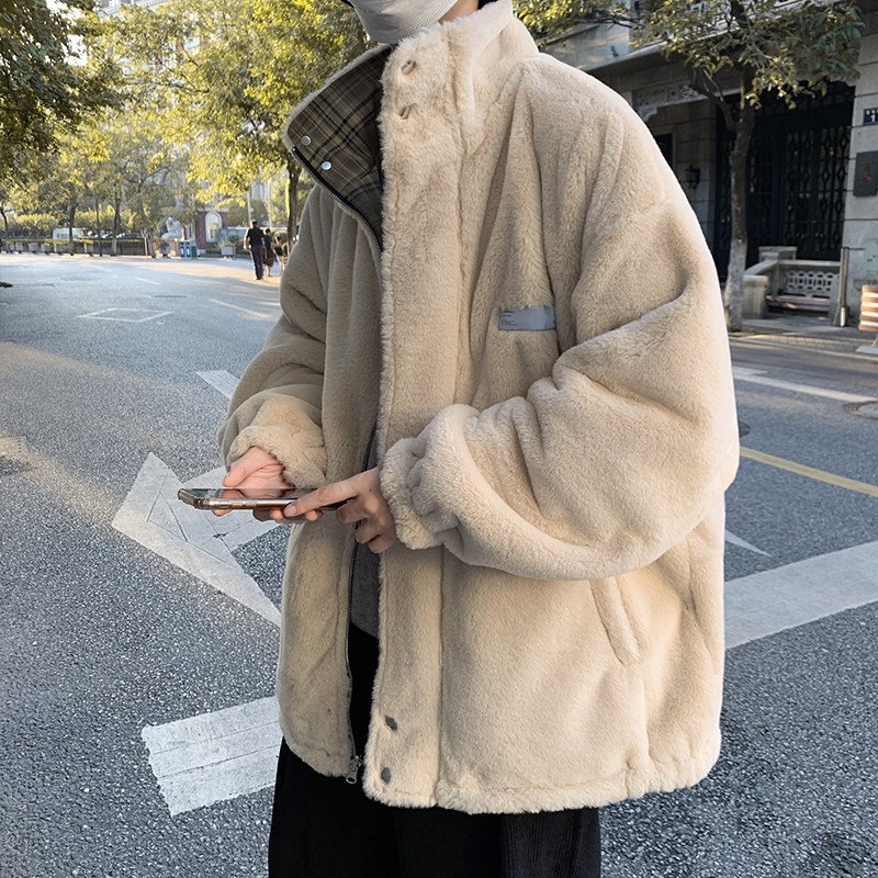 Winter cotton coat, thickened warm plaid cotton coat, Hong Kong style trendy reversible lambswool jacket for men
