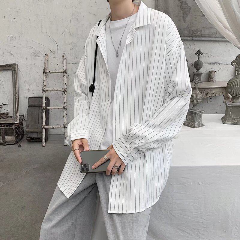 Long-sleeved striped shirt jacket men's Hong Kong style handsome loose bf shirt spring and summer new style versatile
