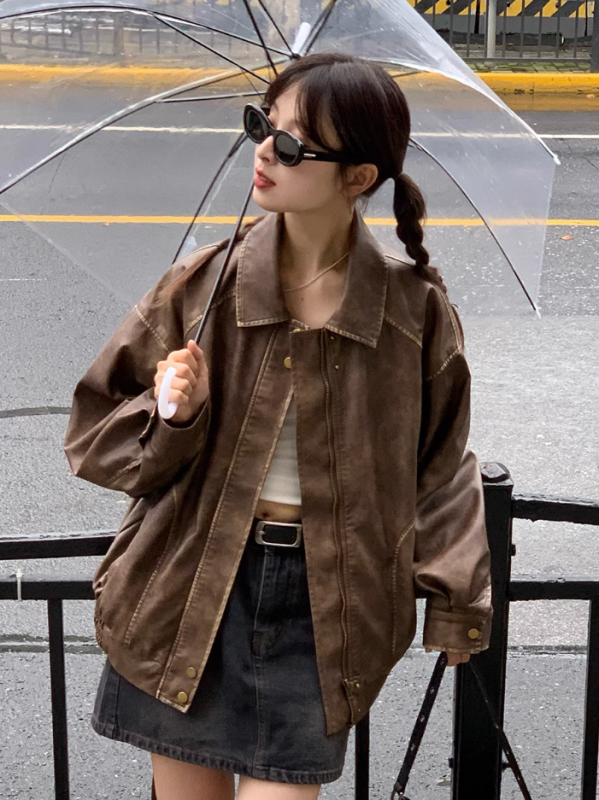 RAINY retro style old lapel leather jacket for women spring and autumn loose sweet cool motorcycle American jacket short coat
