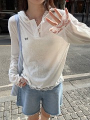 Sun protection blouse long-sleeved T-shirt women's summer niche hooded lazy relaxed crochet lace top