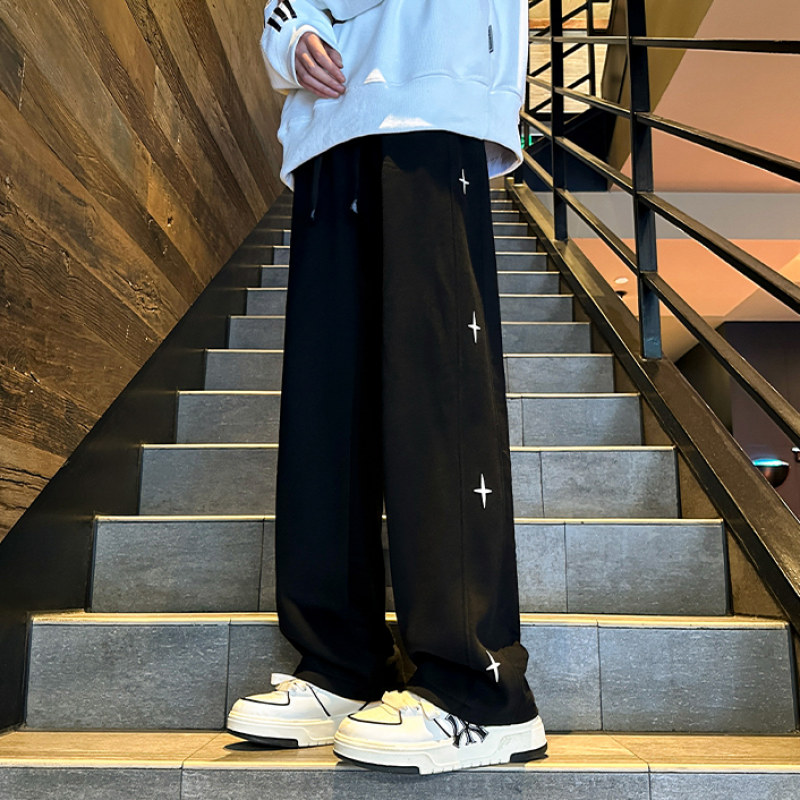 Chinese cotton composite milk silk high quality sweatpants with cross star embroidery straight through trousers for men