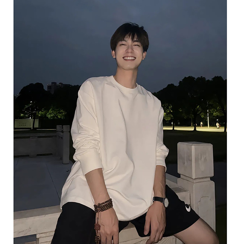 230g heavyweight 100% combed cotton drawstring solid color light plate threaded cuffs long-sleeved T-shirt base layer