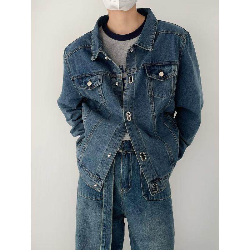 Spring and Autumn ins style super hot shoulder pad short washed denim jacket men's loose solid color versatile handsome jacket trend