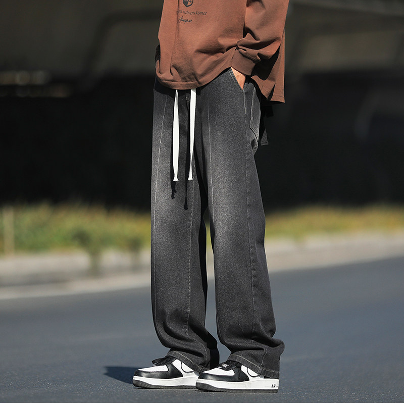 Trendy jeans men's four seasons elastic waist high street washed casual pants