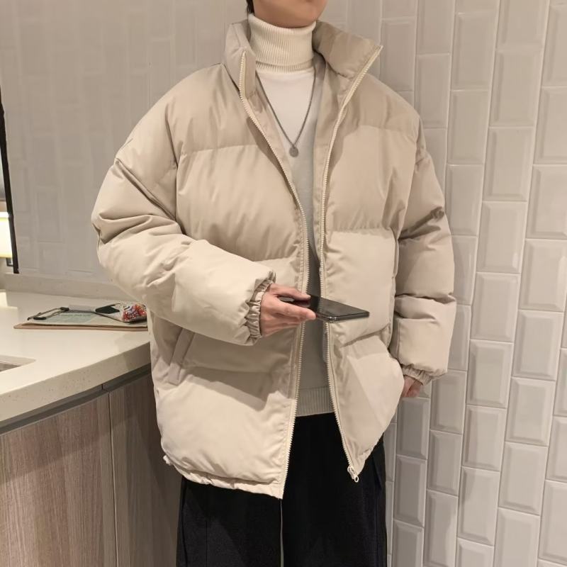 Autumn and winter Korean style loose casual couple wear high street trendy stand collar cotton coat solid color bread cotton coat