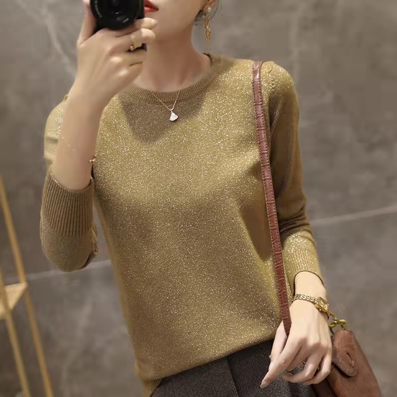 Autumn and winter sweaters for women, bright silk round neck long-sleeved sweaters, loose knitted sweaters, bottoming shirts, inner tops