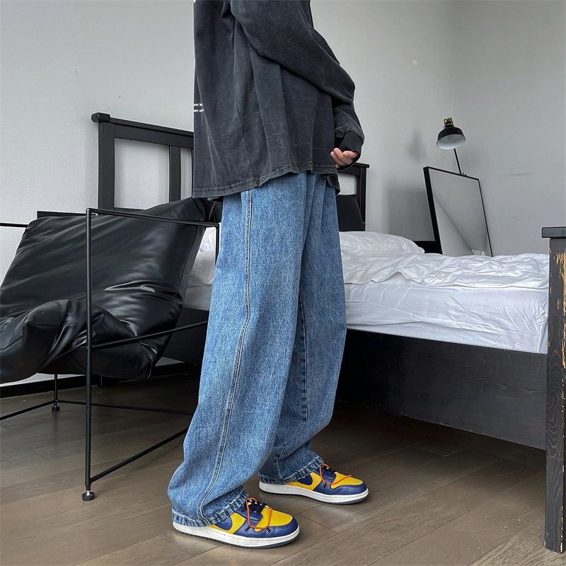 American jeans men's slimming wide-leg retro blue distressed floor-length pants high street ins trend