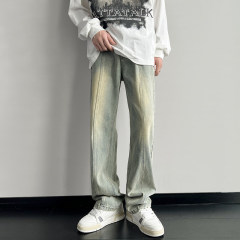 American high street mid-seam patchwork hand-rubbed horse wash jeans