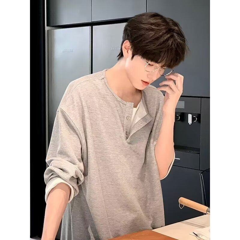 Fake two-piece long-sleeved T-shirt men's autumn Korean style polo shirt loose sweatshirt design style bottoming shirt