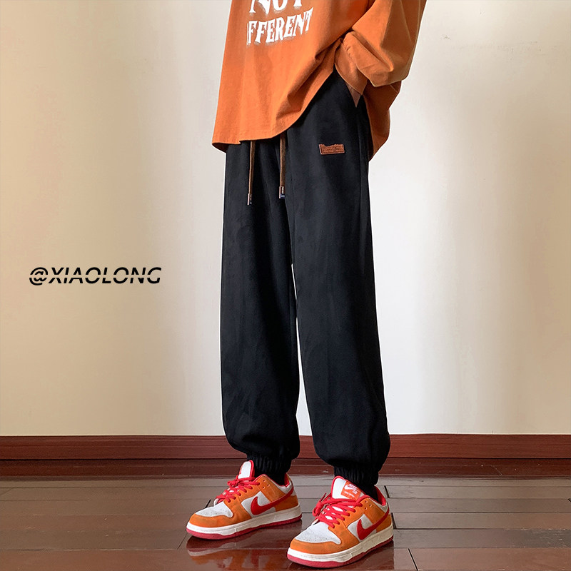 Suede casual pants men's hemmed striped loose large size leggings sweatpants