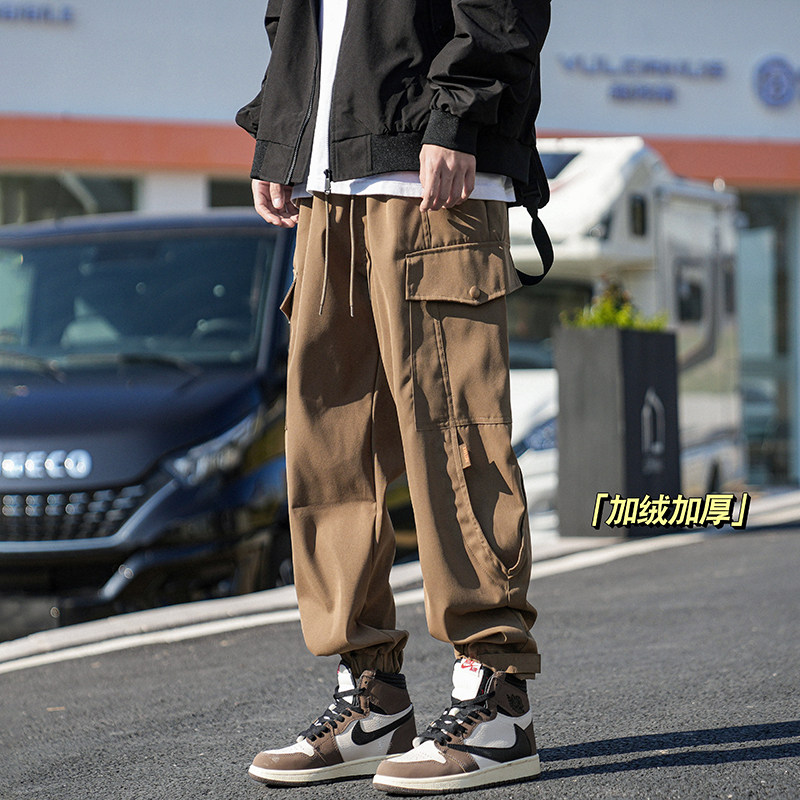 Overalls men's autumn and winter velvet thickening retro leggings loose large size American trendy casual trousers