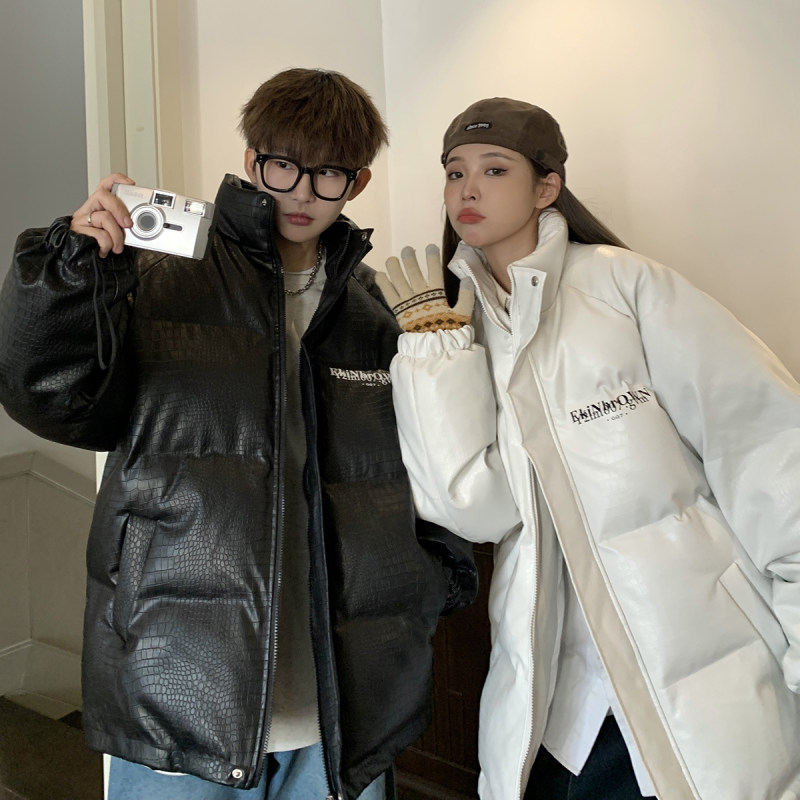 Hong Kong style couple crocodile pattern cotton jacket men's hand stuffed cotton jacket PU leather cotton jacket men