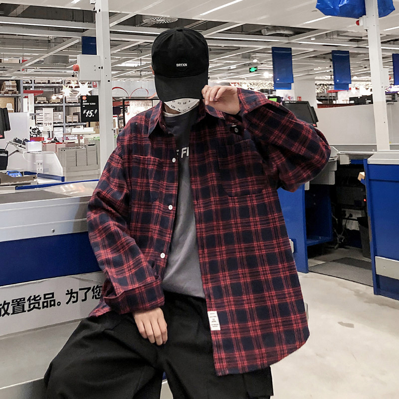 Autumn and winter trendy brand ins long-sleeved plaid shirt student shirt small fresh men