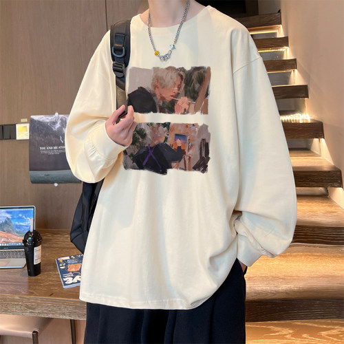 Live broadcast quality Autumn and winter heavyweight trendy brand hip-hop American printed cotton long-sleeved T-shirt bottoming shirt