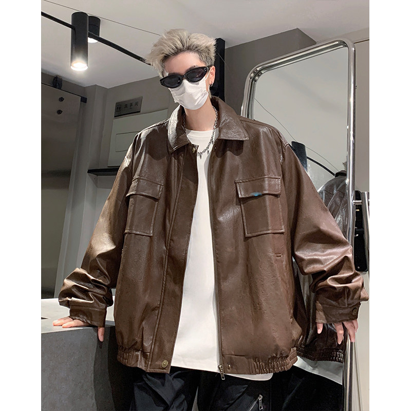 High street pu leather jacket motorcycle top short handsome leather jacket for men