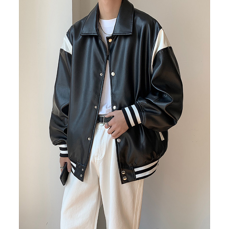 Autumn and winter color-blocked leather jackets, Korean style loose baseball uniforms, motorcycle jackets, men's and women's jackets