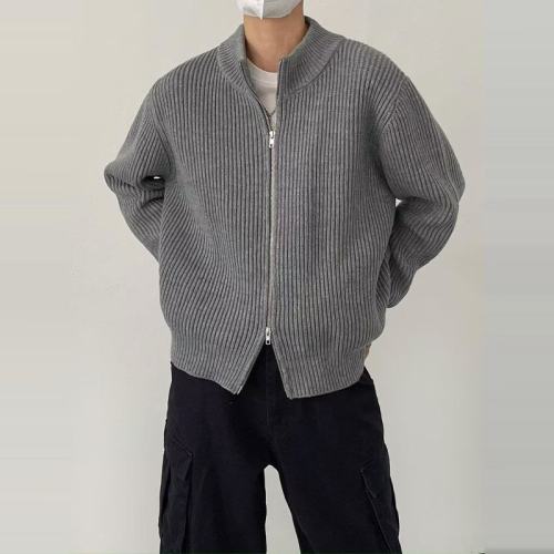 Autumn and winter Korean style lazy style zipper loose sweater cardigan men's retro solid color jacket trend