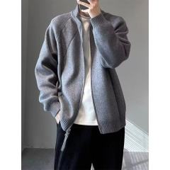 Autumn and winter lazy style simple solid color heavy zipper sweater Maillard knitted stand collar cardigan