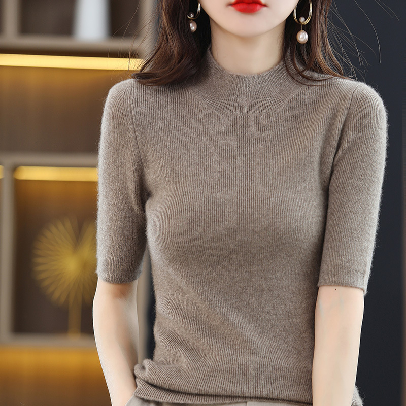 Half turtleneck solid color knitted short-sleeved women's short slim-fitting quarter-sleeved T-shirt top pullover bottoming sweater