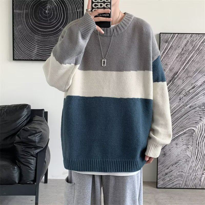 Striped sweater men's ins Hong Kong style Korean style trendy loose round neck sweater autumn and winter style lazy personality Harajuku
